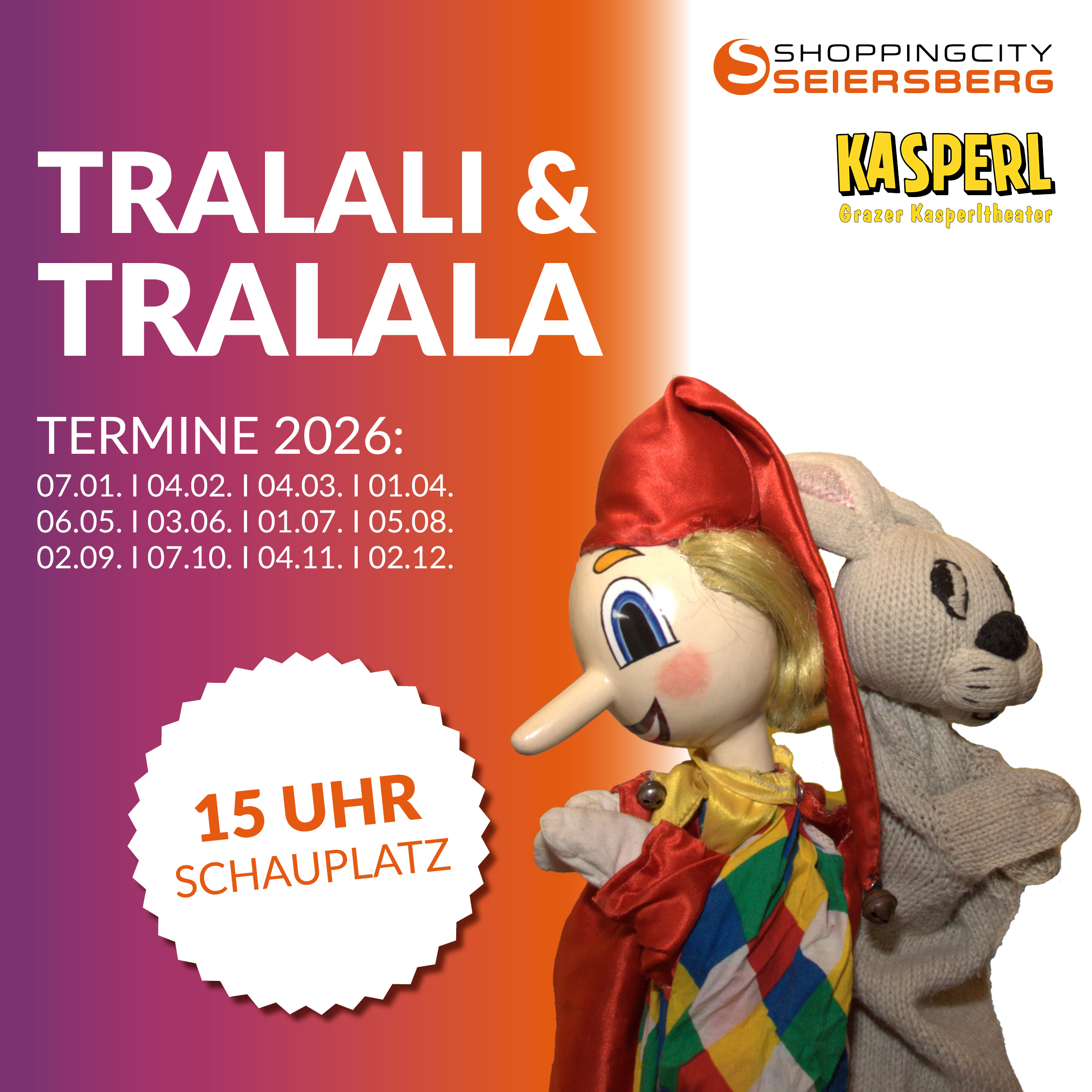 Termine des Kasperltheaters in der ShoppingCity Seiersberg für 2026